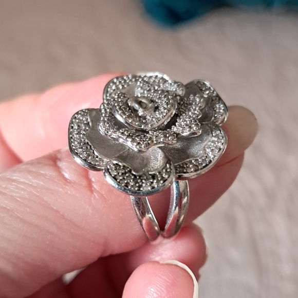 Vintage Solid Sterling Silver Pave Rose Floral Cocktail Ring Size 7